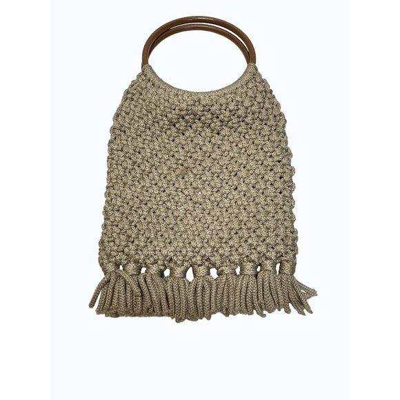 VTG Macrame Tassel Tote Bag Wooden Look Handles BOHO 60'-70's READ - Picture 1 of 7